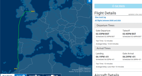 agadir plane flight path from uk